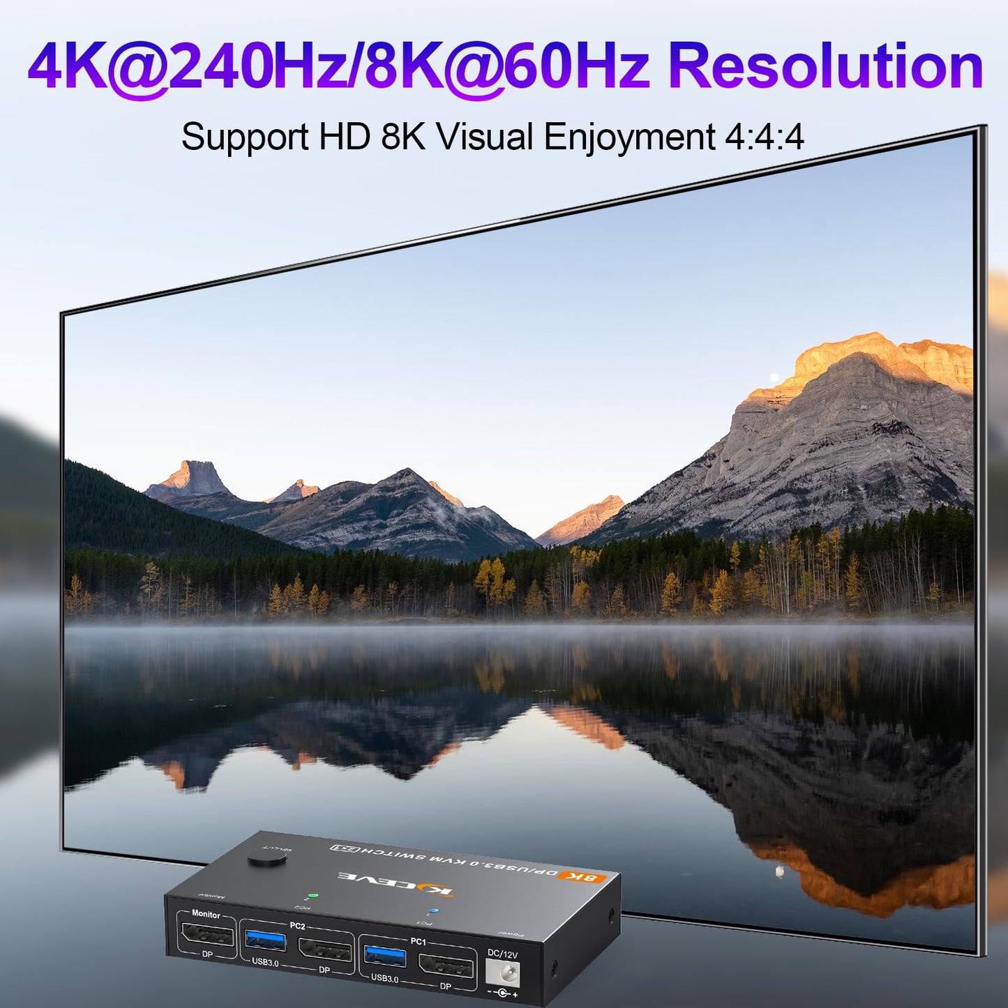 KCEVE KVM Switch 2 Computer 1 Monitor Displayport 4K@240Hz 8K@60Hz, USB 3.0 KVM Switch Displayport 2.1 for 2 PC Share 4 USB Devices Keyboard