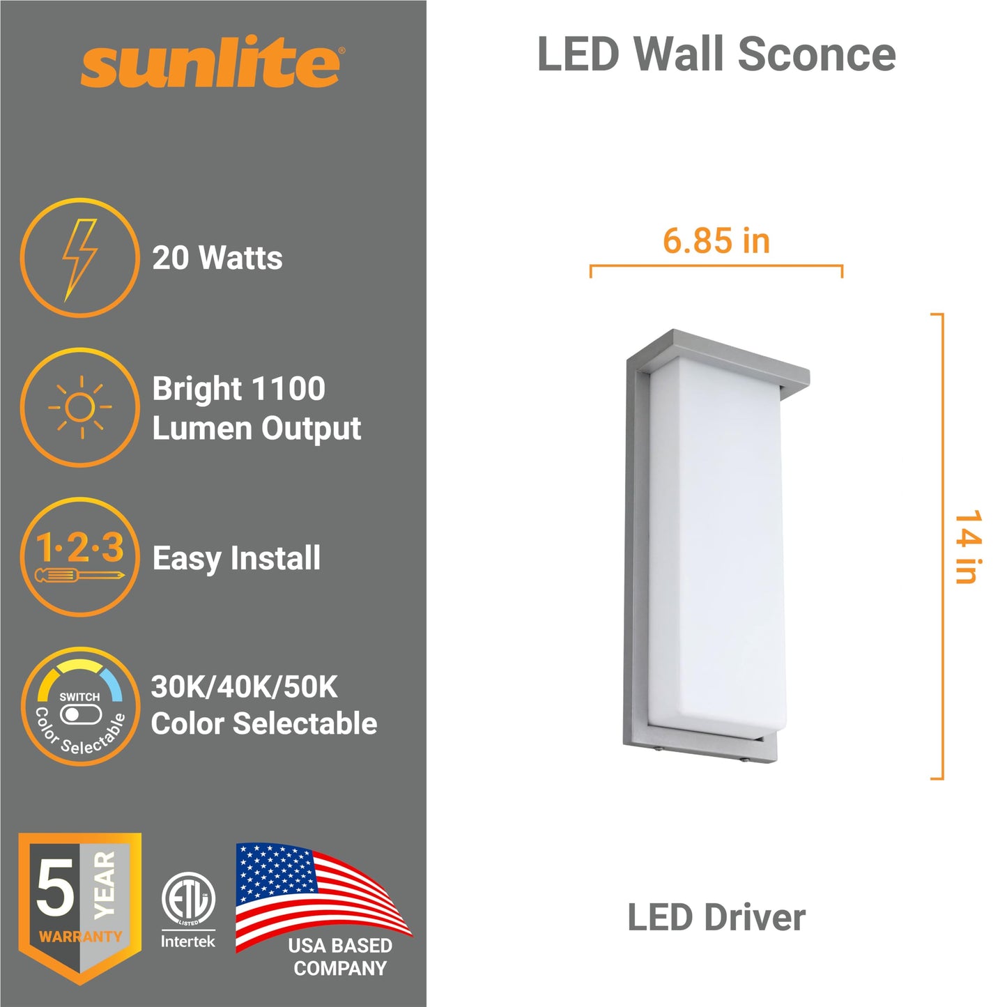 Sunlite 81482 14” Modern LED Wall Sconce Light, Outdoor Fixture, Adjustable 3 CCT 3000K-5000K, 20 Watts, 1100 Lumens, Opal Shade, Brushed Nickel