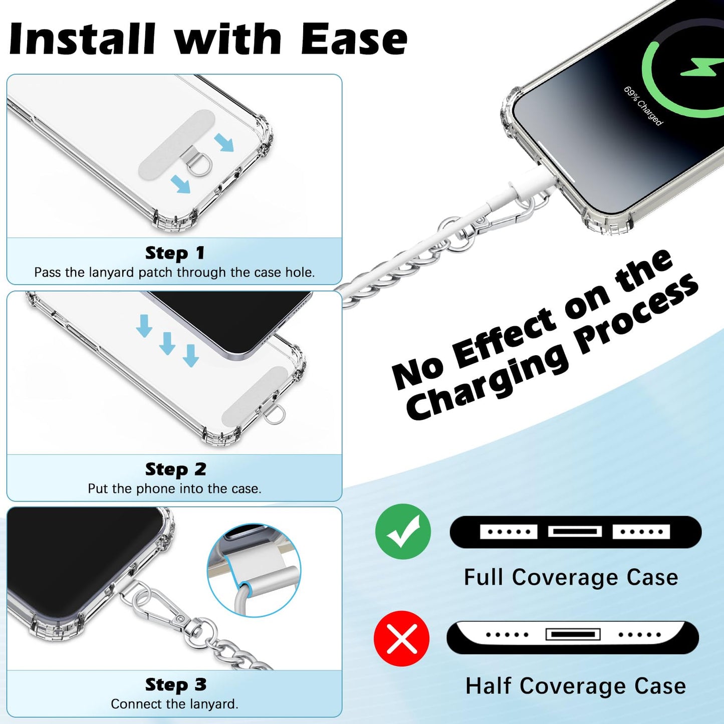 MoKo Anti-Theft Phone Tether Strap, Phone Chain Lanyard with Lockable Carabiner, Stainless Steel iPhone Strap with 2 x 360° Metal Tether Tab
