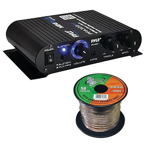 Pyle PFA330BT 2-Channel 90 Watt Max Power Bluetooth AUX Compact Class T Amplifier System Combo Bundle with 16 Gauge Speaker Wire