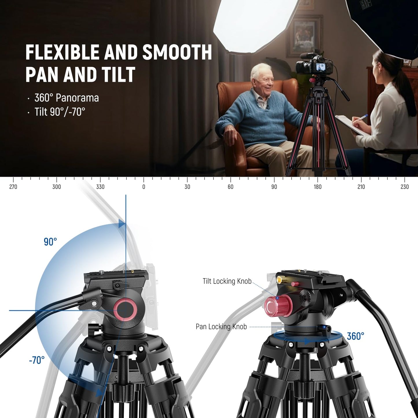NEEWER 79"/2m Video Camera Tripod with Fluid Head, One Step Quick Release Aluminum Heavy Duty Tripod Stand with QR Plate Compatible with Canon Nikon