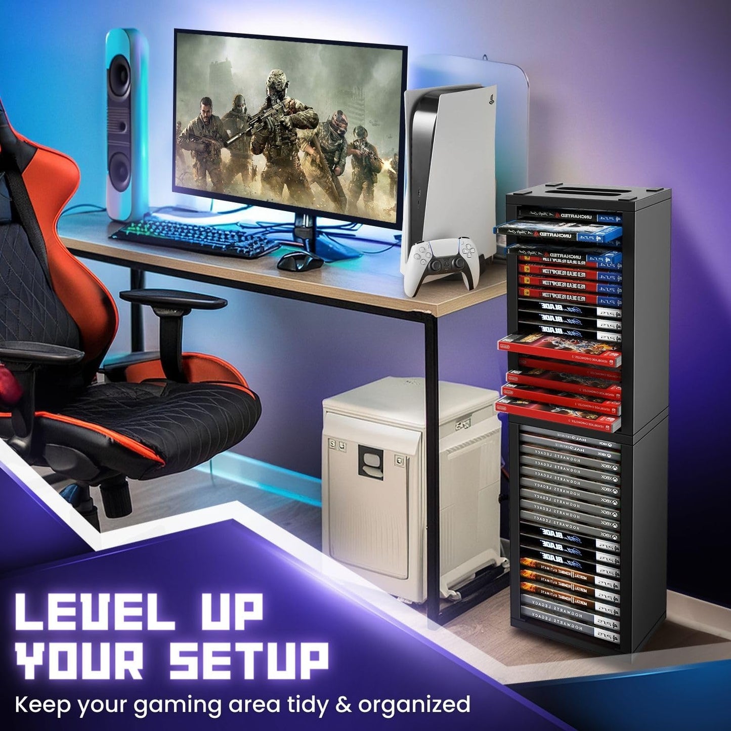 TNP Universal Video Game Storage Tower for PS5, PS4, PS3, Nintendo Switch, Xbox One, Xbox Series S/X - Black Video Game Holder Organizer Stand with 36
