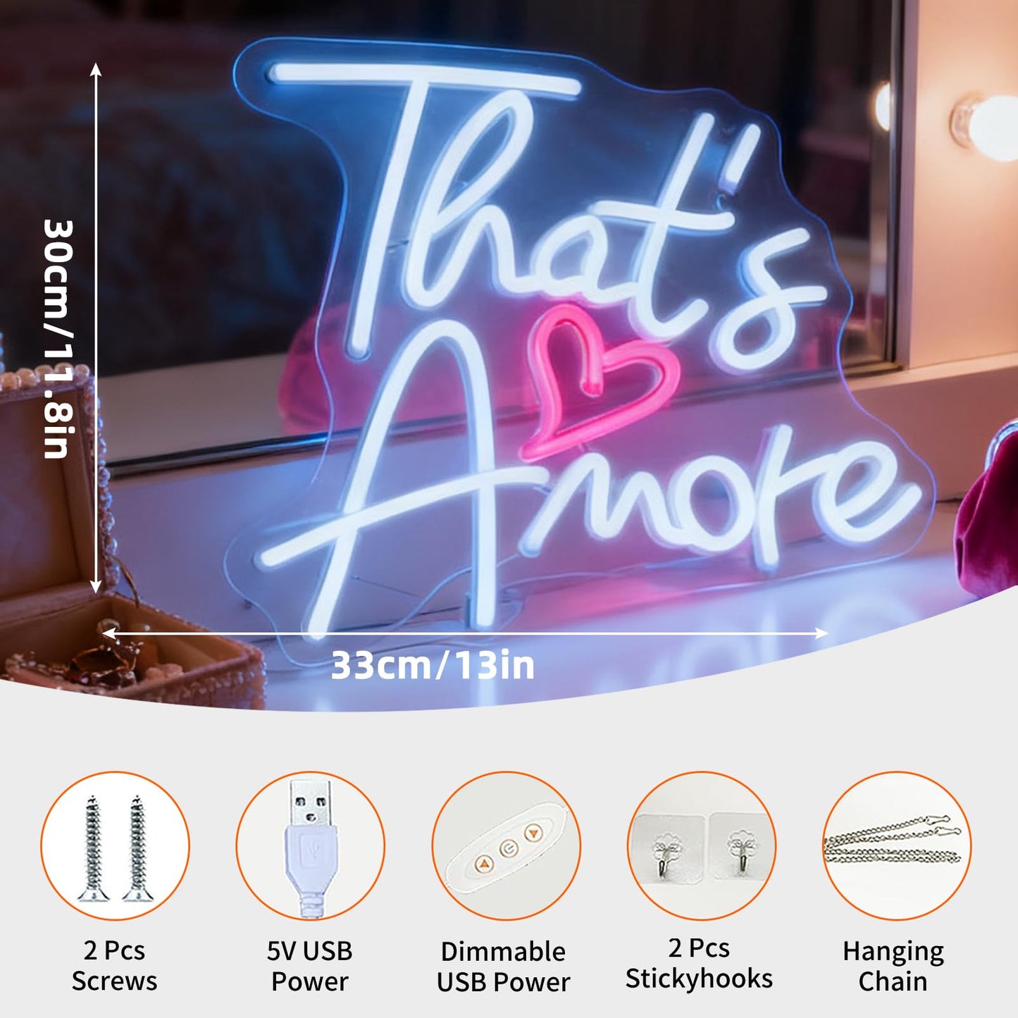 Valentines Day Gift Thats Amore LED Neon Sign, USB Powered Dimmable Decorative Neon Light Romantic Wedding Date Night Party Home Bedroom Living Room