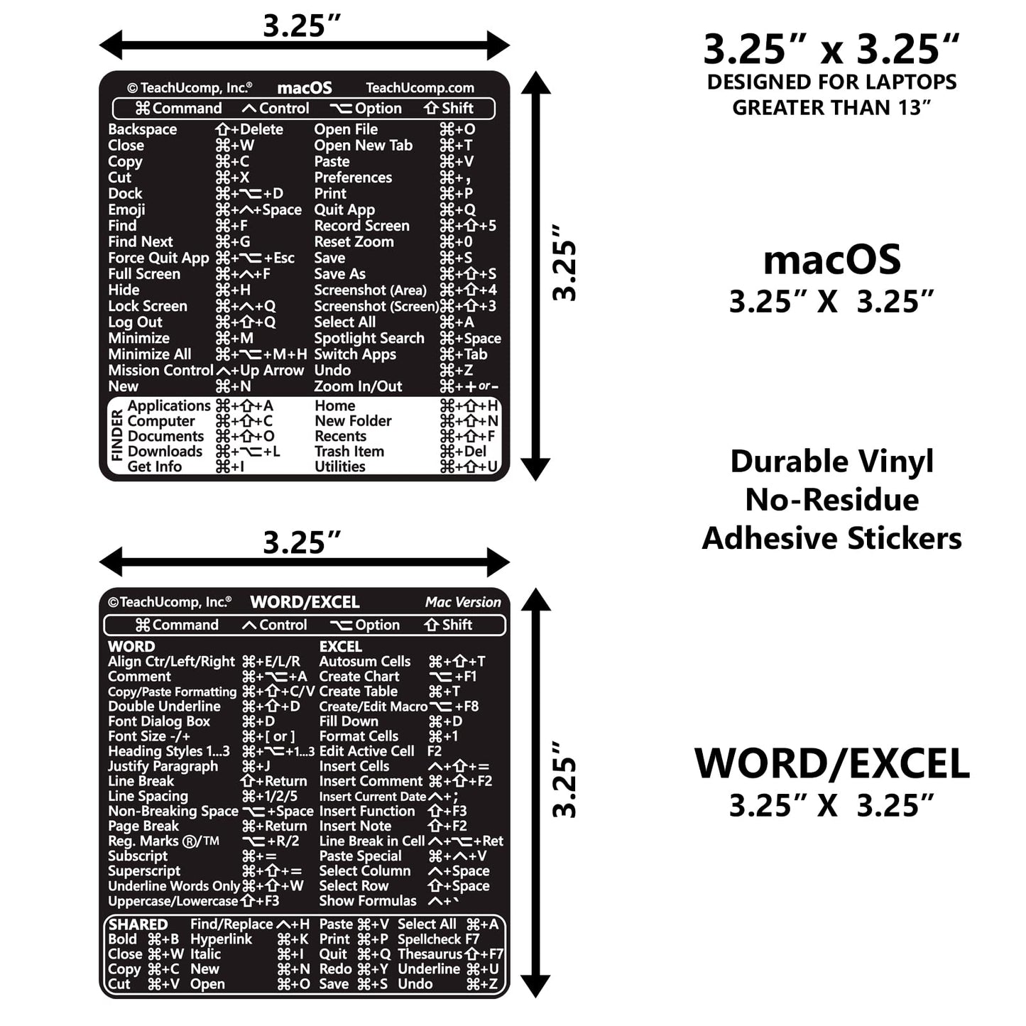 TEACHUCOMP Keyboard Shortcuts Sticker for Mac OS Plus Microsoft Word and Excel (for Mac/MacBook) Training Aid Cheat Sheet-Vinyl, Laminated, No-Residue