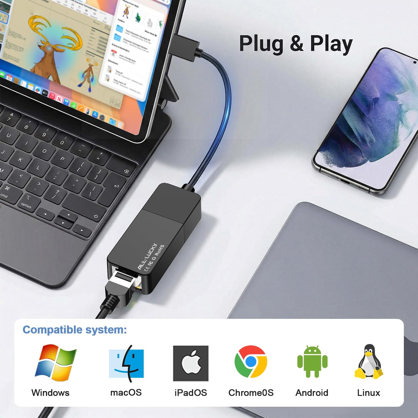 USB 3.0 to Ethernet Adapter, 1000Mbps USB A to Gigabit LAN Network Adapter, Plug & Play Driver-Free RJ45 Dongle. Compatible with Nintendo Switch