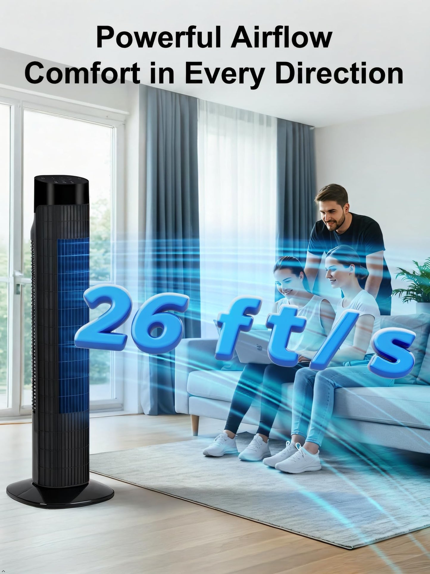 Uthfy Tower Fan with Remote, Portable 120° Oscillating Standing Fan, 3 Speeds & 3 Modes, 7.5H Timer, Fans That Blow Cold Air for Bedroom, Living Room