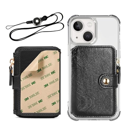 M-Plateau Phone Wallet Stick On - Slim, Durable, and Stylish PU Leather Card Holder with 3M Adhesive and Removable Lanyard for iPhone and Most