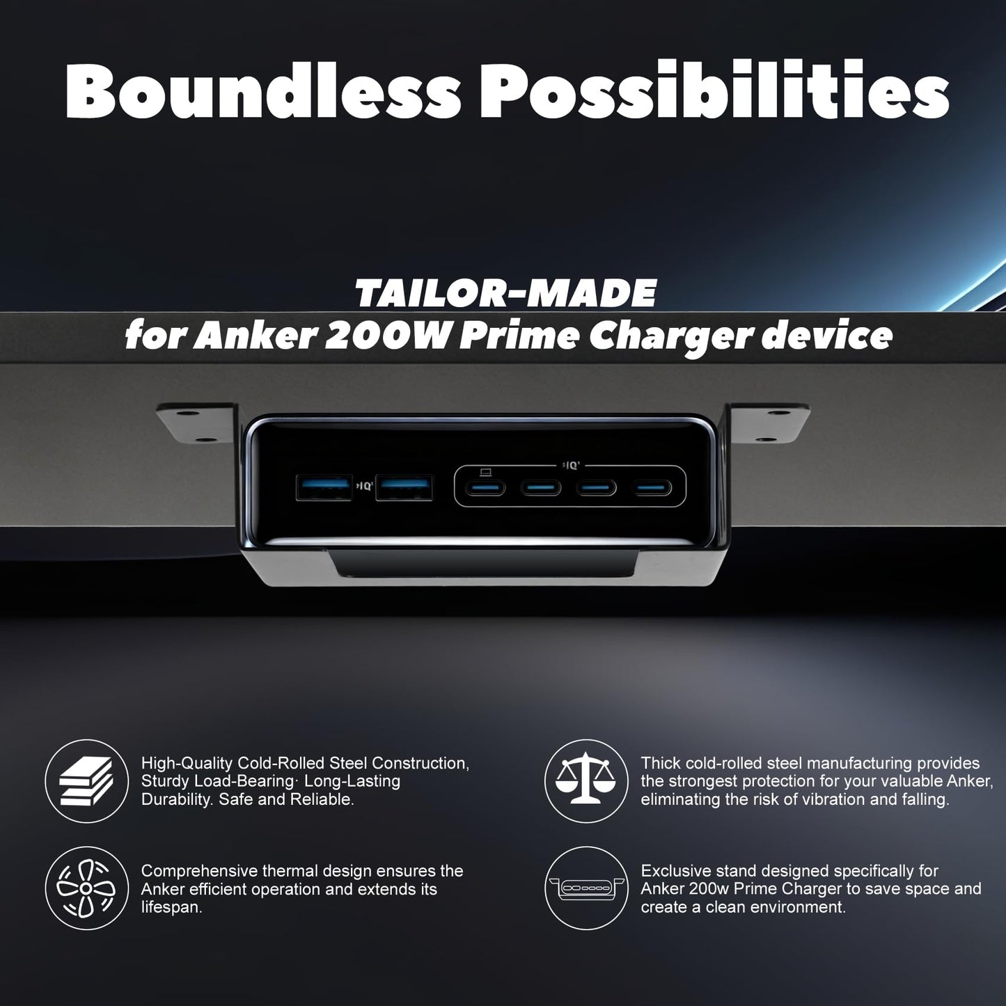 Metal Under Desk Mount and Wall Mount for Anker Prime Charger 200W, Tailor-Made for Anker Prime Charger Device,Black Steel Wall and Under Desk Mount