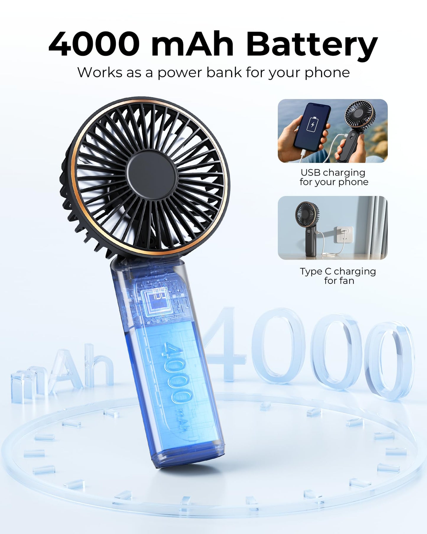 TUNISE Portable Handheld Fan, Portable Fan Rechargeable, 4000mAh, 180° Adjustable, 6 Speed Wind, Display Electricity in Real Time, USB Rechargeable