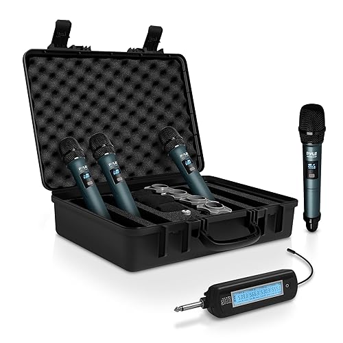 Pyle Portable UHF Band Receiver System, 4 Channel Wireless Microphone System Independent Channel Controls, RF Signal LCD Indicator, Digital Audio