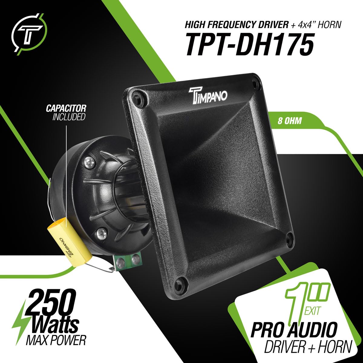 Timpano Horn Driver TPT-DH175 250 Watts 8 Ohm 1" Exit High Frequency Compression Driver with Black Horn (Single)