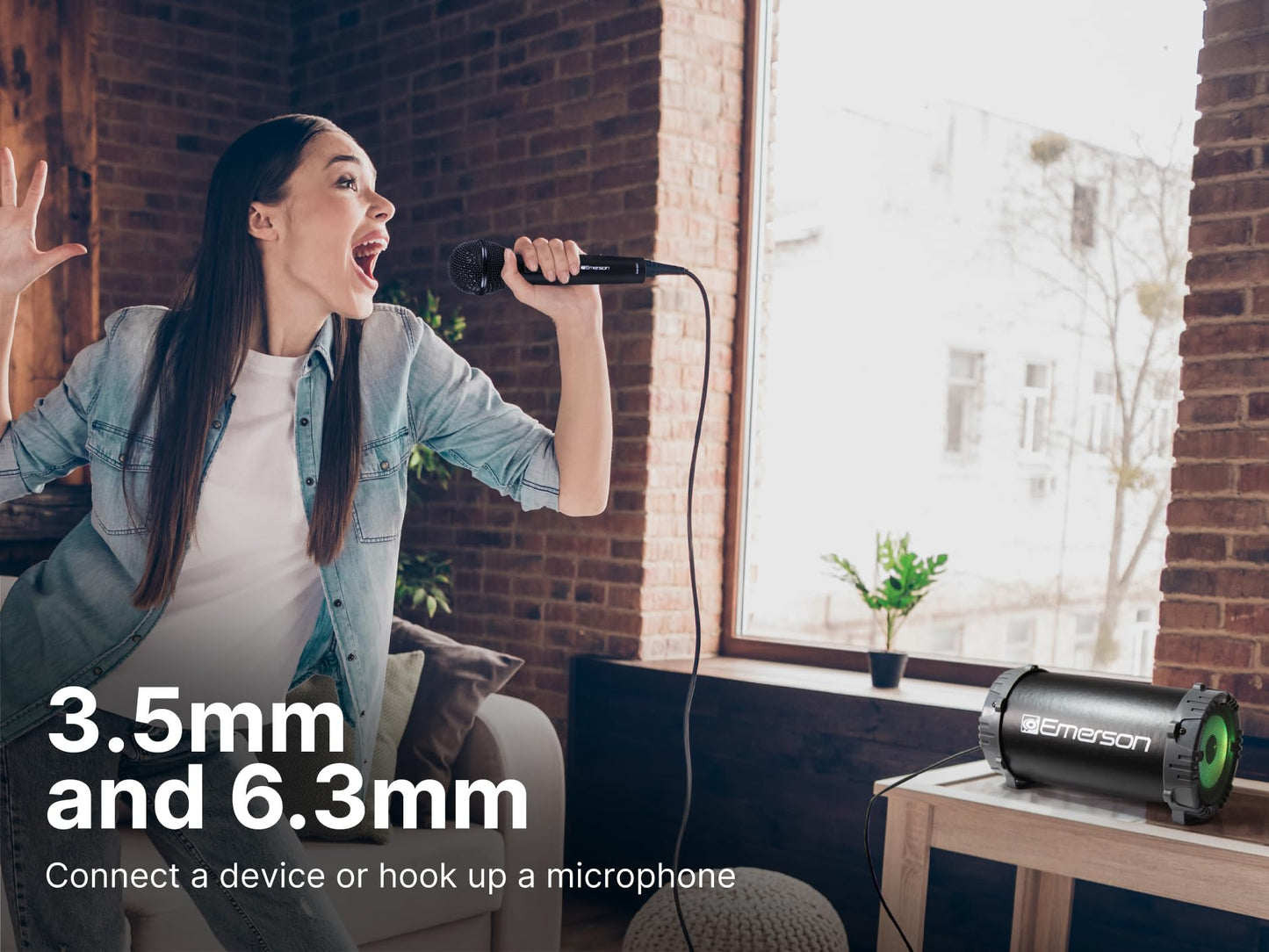 Emerson EAS-3001 Portable Bluetooth Speaker with Carrying Strap, Multicolor LED Lighting, Built-in Rechargeable Battery, AUX Input, USB Charging,