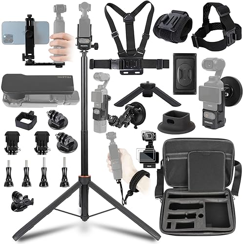 PellKing Accessories Kit for Osmo Pocket 3/Xtra Muse,Included Carrying Case with Belt,135cm Selfie Stick Tripod,Suction Cup,Magnetic Mount,4 Pcs Body