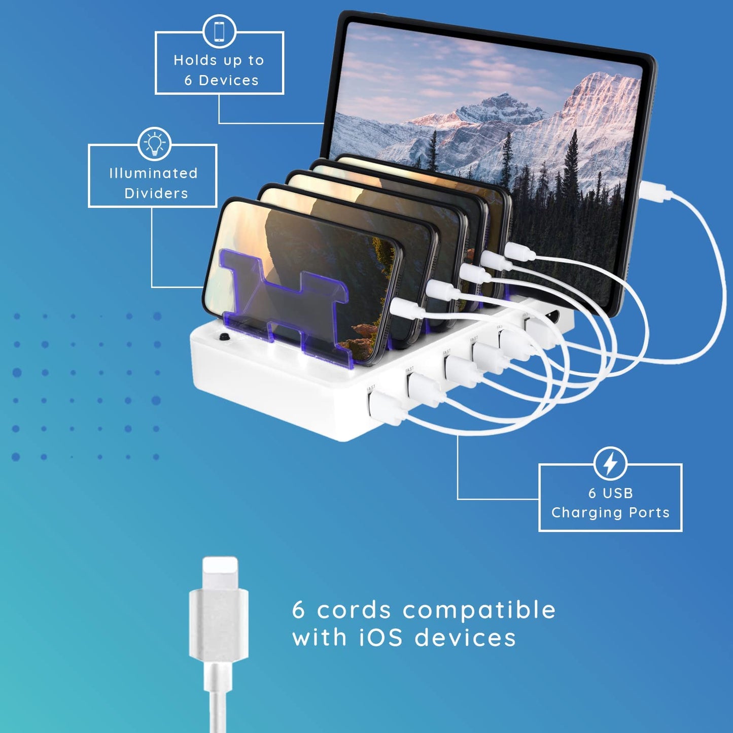 Charging Station for Multiple Devices - 6-Port USB Charging Dock for Apple & Android - Fast Multi-Charger Organizer for Phones, Tablets & More (White)
