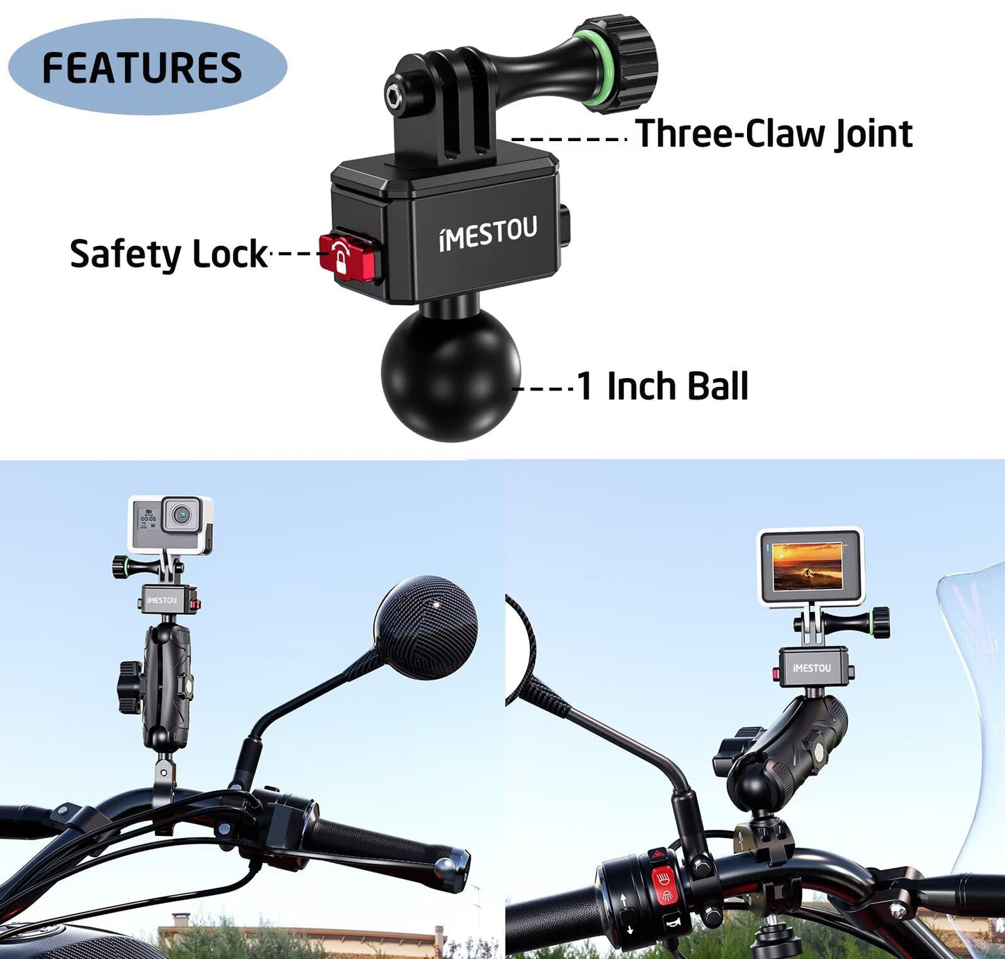 iMESTOU Action Camera Riding Mount with Three-Claw Joint for Gopro Motion Cameras, 1“ Ball Head 360° Adjustable Fits for RAM 1" Ball Bike Phone Mounts