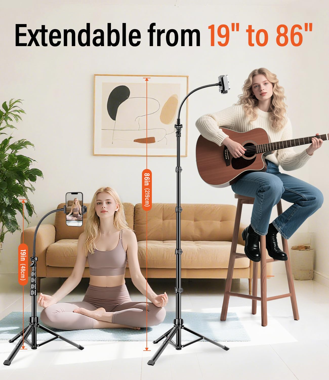 Phone Tripod, 86" Tall Tripod Stand with Gooseneck and Remote, Suitable for Recording Fitness Vlog Watching Cooking, Compatible with Smartphone