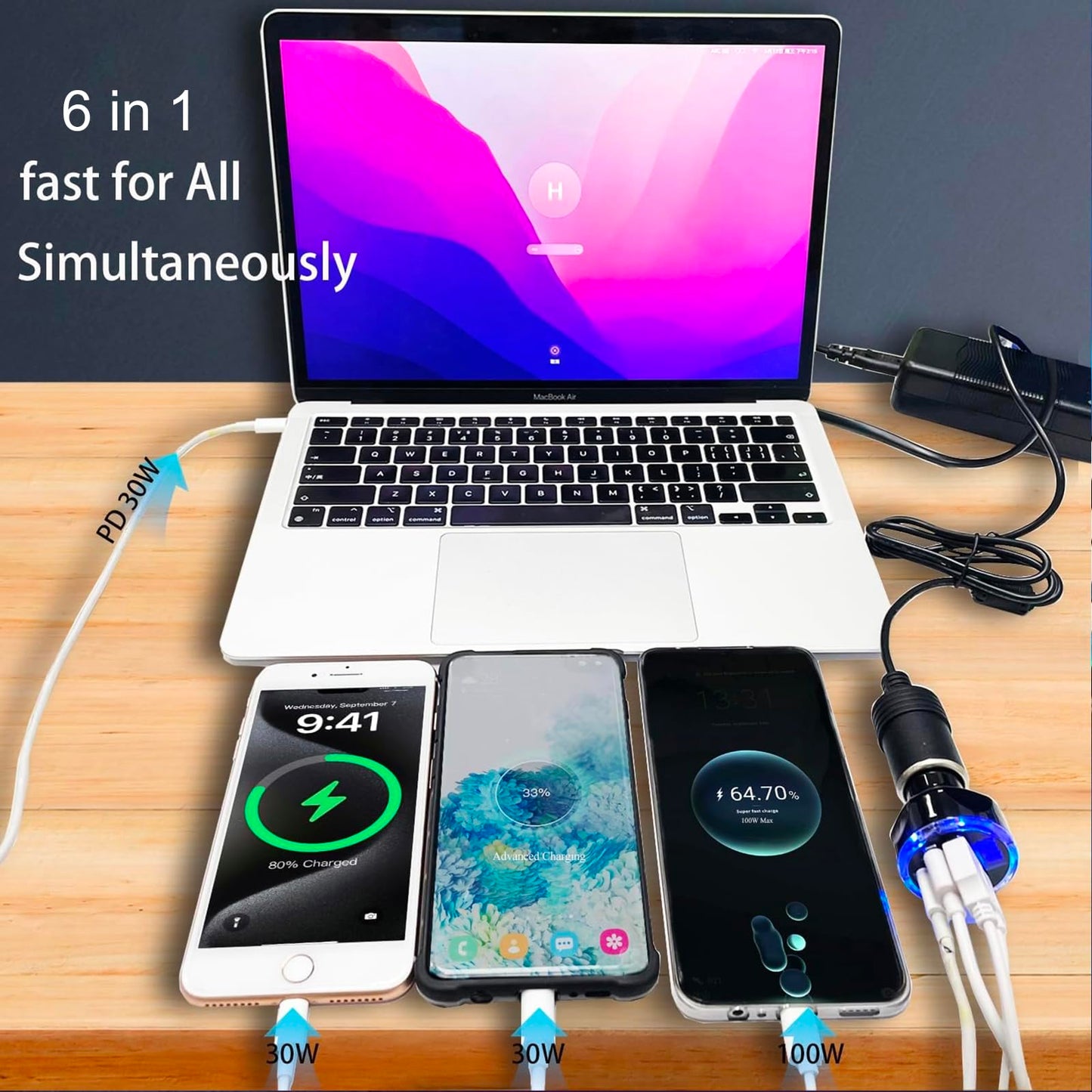 Full PD 30W Multi Port USB C Car Charger Adapter 6 in 1 with Voltage Display, PD4.0/QC4.0/PPS/AFC Super Fast Charging Cigarette Lighter Adapter