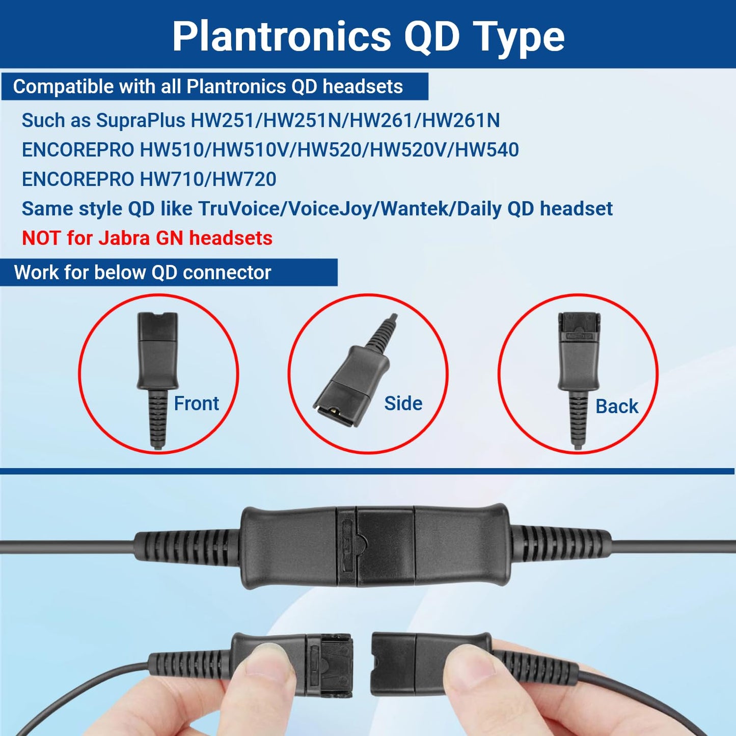 2.5mm to QD Adapter Cable for Plantronics Quick Disconnect Headsets Compatible with Panasonic Dect6.0 AT&T ML17929 VTech Uniden Polycom Cisco SPA RCA