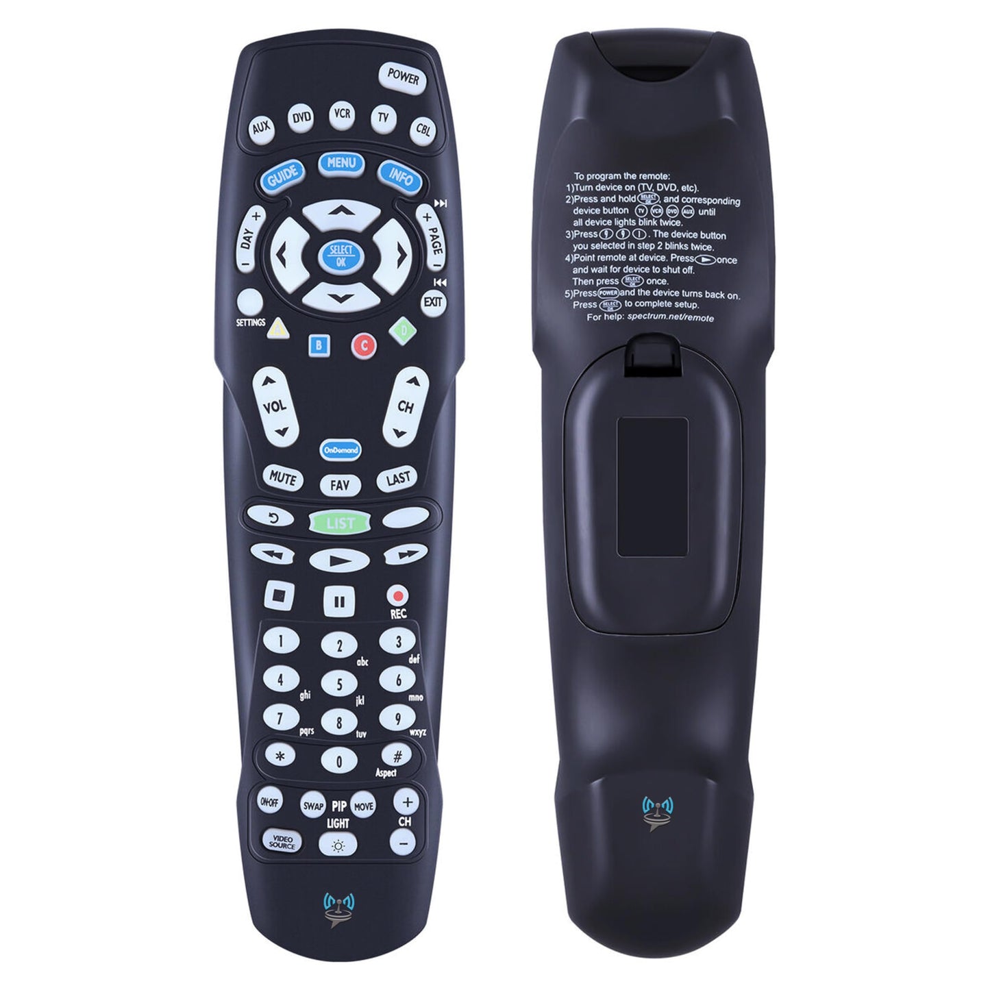 SatelliteSale Replacement Spectrum TV Remote Control RC122 Compatible with Time Warner, Brighthouse and Charter Cable Boxes, Batteries Included