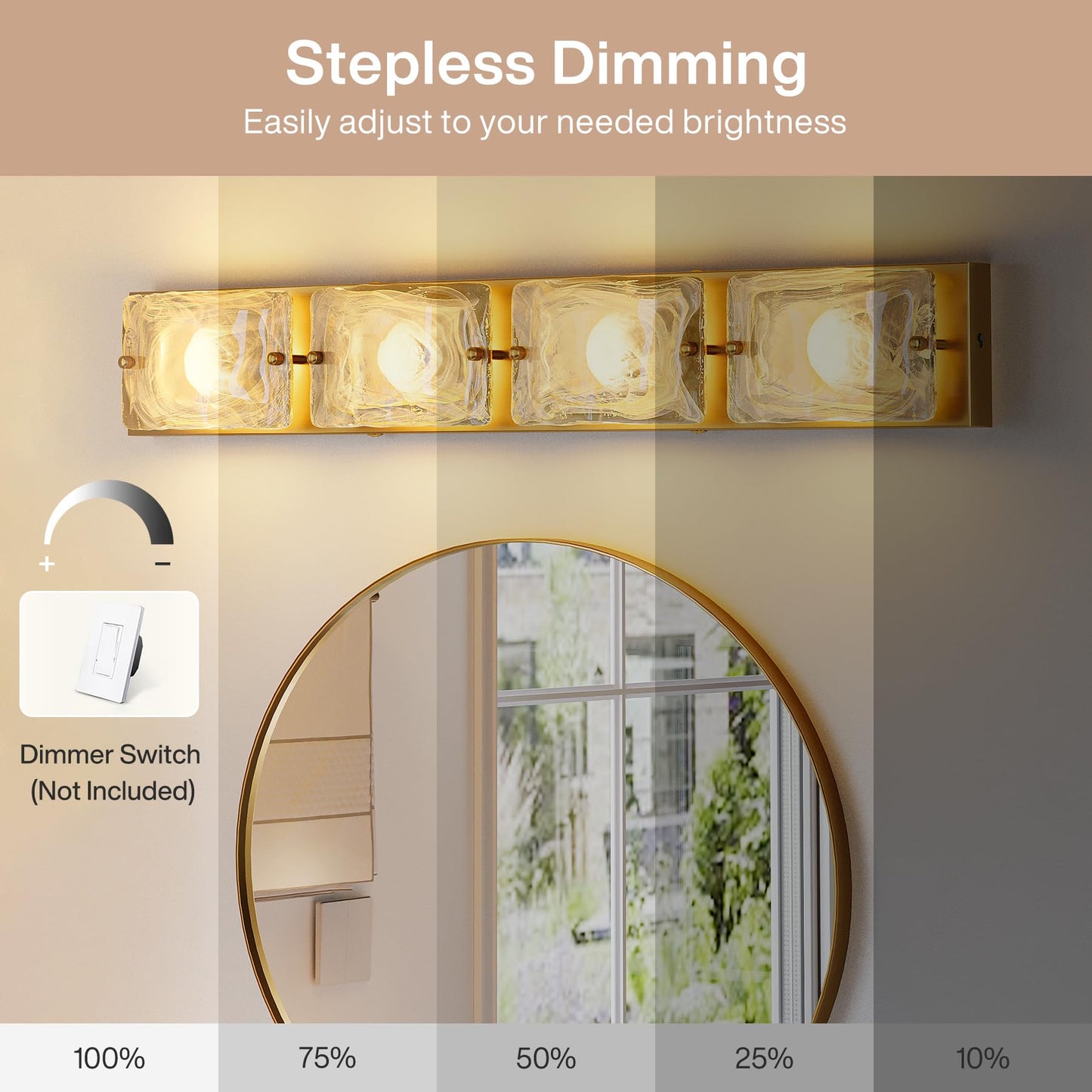 Tribesigns 4-Light Vanity Fixtures, Curved Cloud Glass Lampshades Gold Copper Plate, Modern Bathroom Wall Lighting Fixtures Over Mirror, 3CCT LED