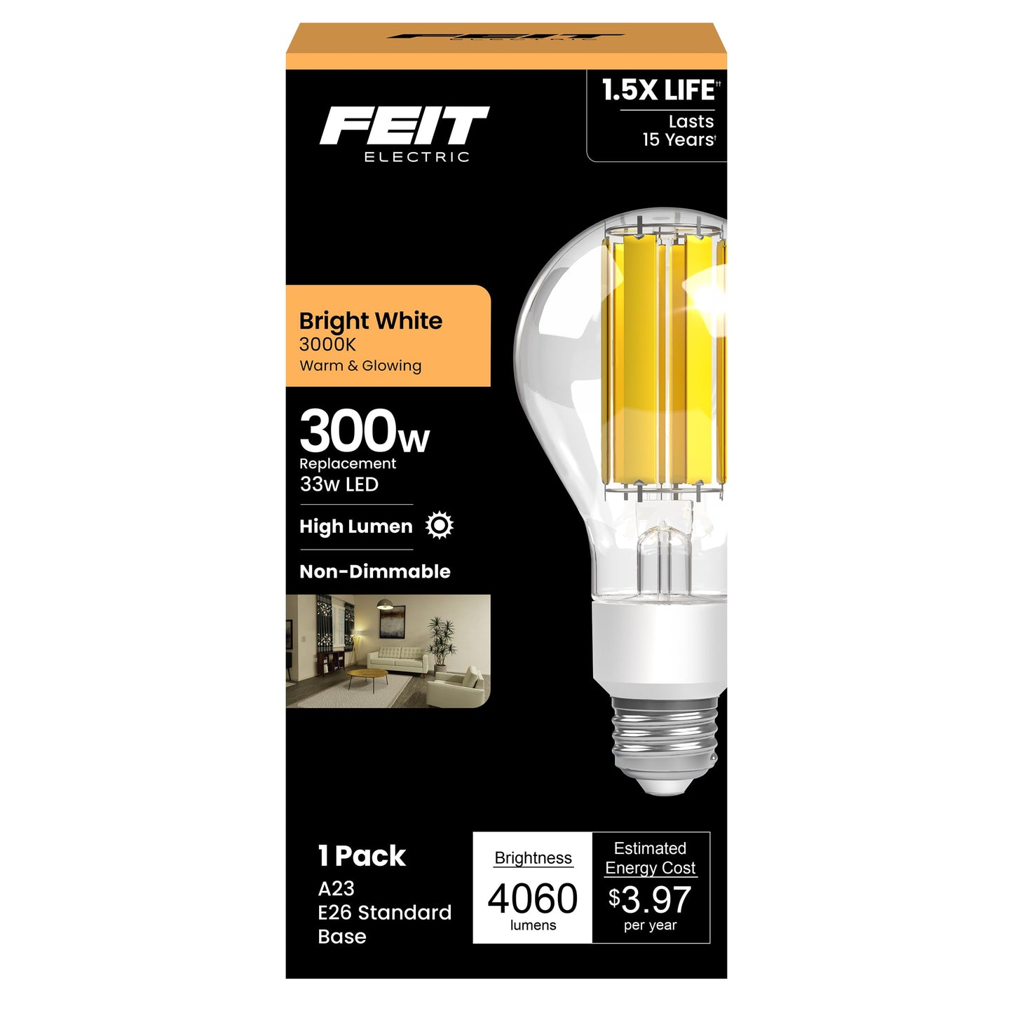 Feit Electric High Lumen A23 LED Light Bulb, Clear Glass Filament, 4060 Lumens, 300W Equivalent, 3000K Bright White, 17,000-Hour Lifetime, Ideal