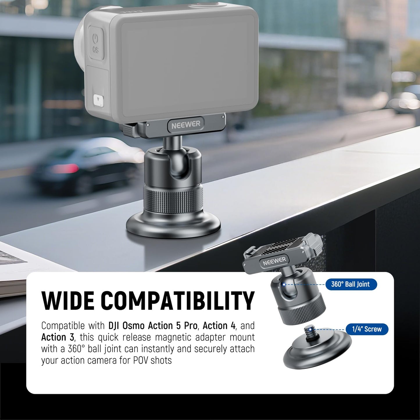 NEEWER Magnetic Camera Mount Compatible with DJI Osmo 360 / Action 5 Pro/4/3, 360° Quick Release Ball Head Adapter Mount 1/4" Thread for POV Shots