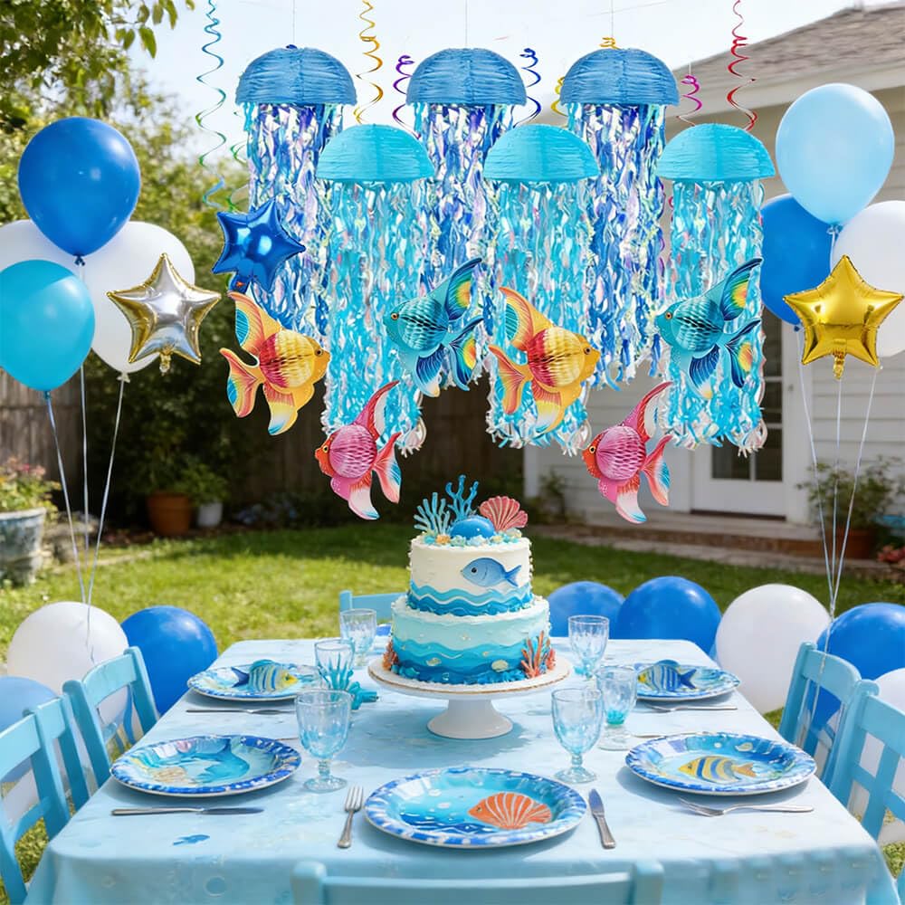 Tropical Fish Hanging Swirls Set & Hanging Jellyfish Paper Lanterns lamp.Mermaid Birthday Decorations, Under The Sea Ocean Party Decor
