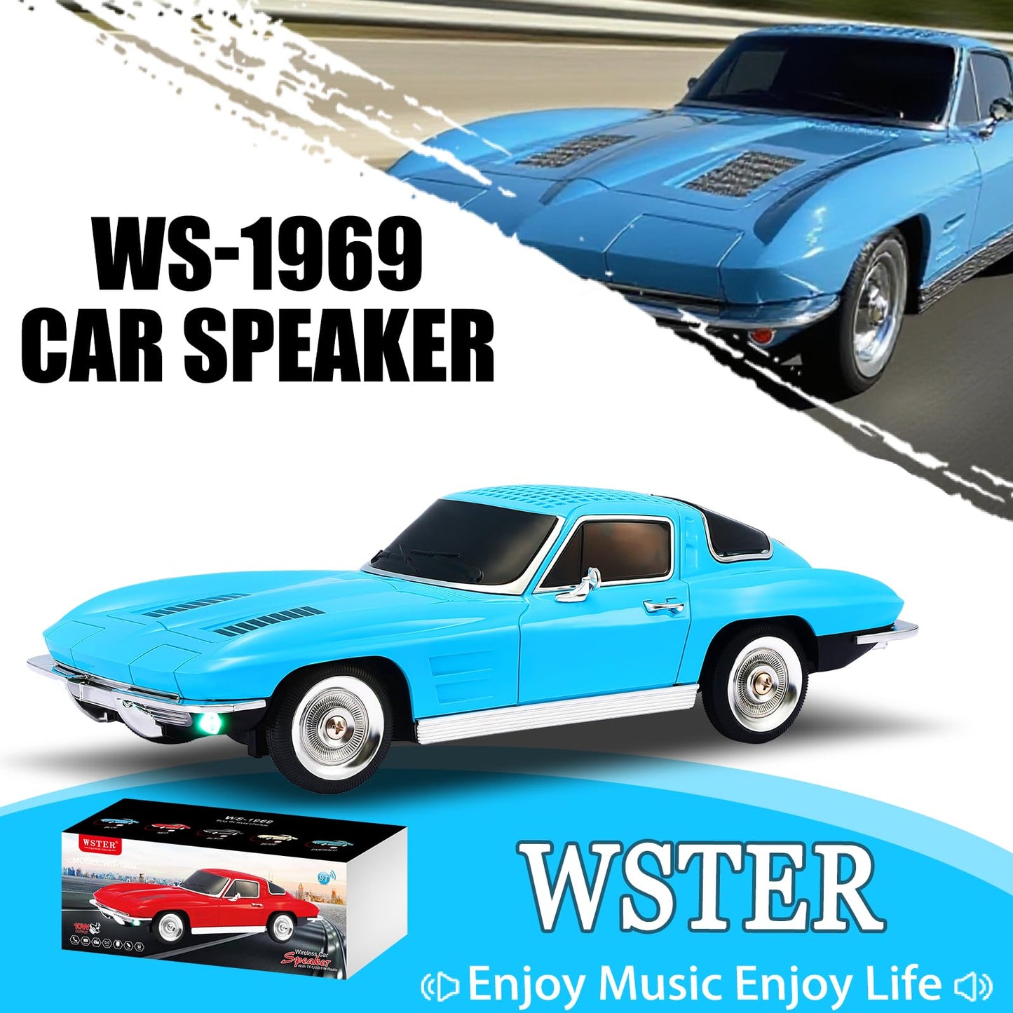 WSTER WS-1969 Retro Sports Car Bluetooth Replica Speaker - Portable Wireless Model with HD Sound, TWS Stereo Pairing, FM Radio, USB/TF Playback, LED