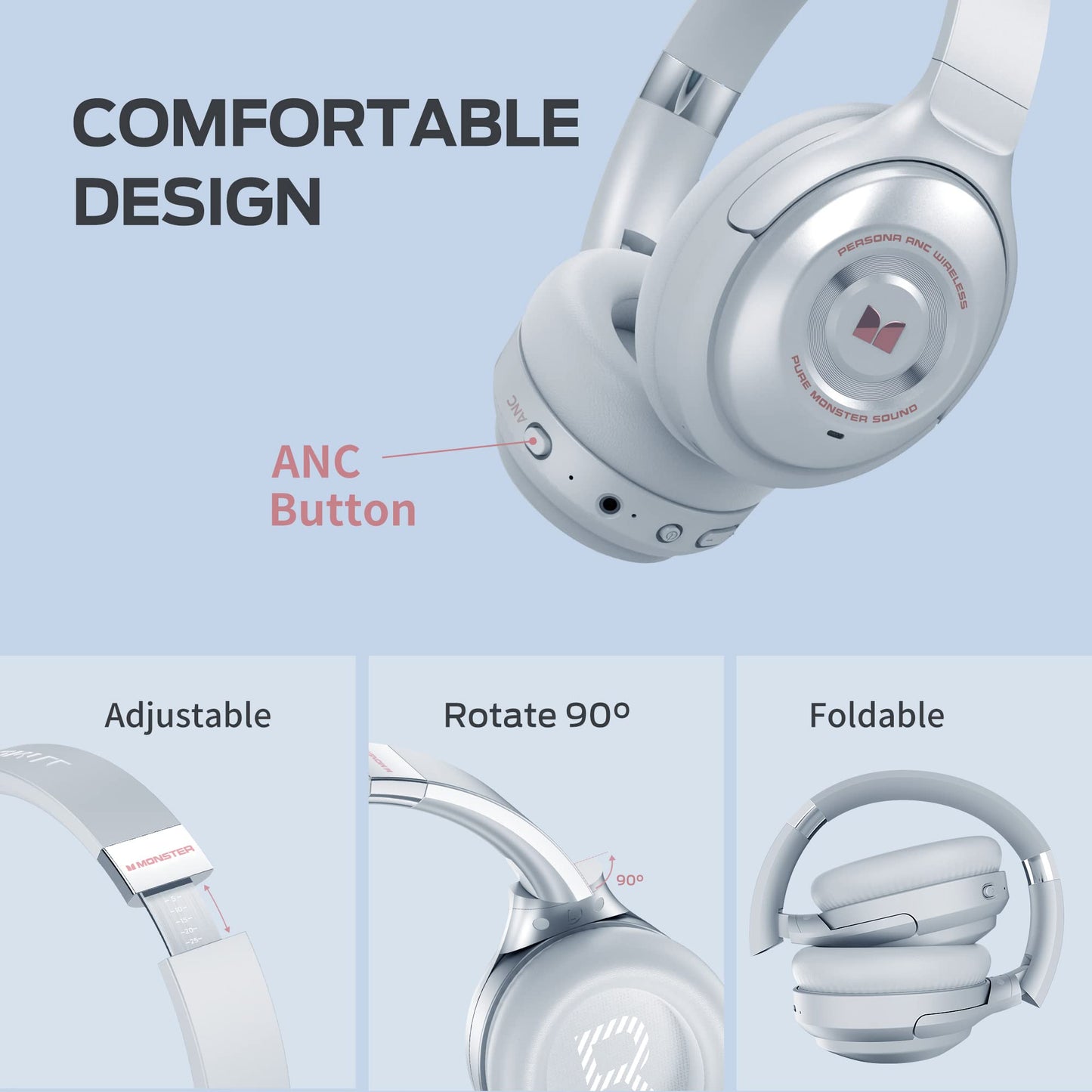 Monster Persona Noise Cancelling Wireless Headphones, Over Ear Bluetooth Headphones Wireless with Hi-Fi Stereo Deep Bass, Quick Charge 30H Playtime…