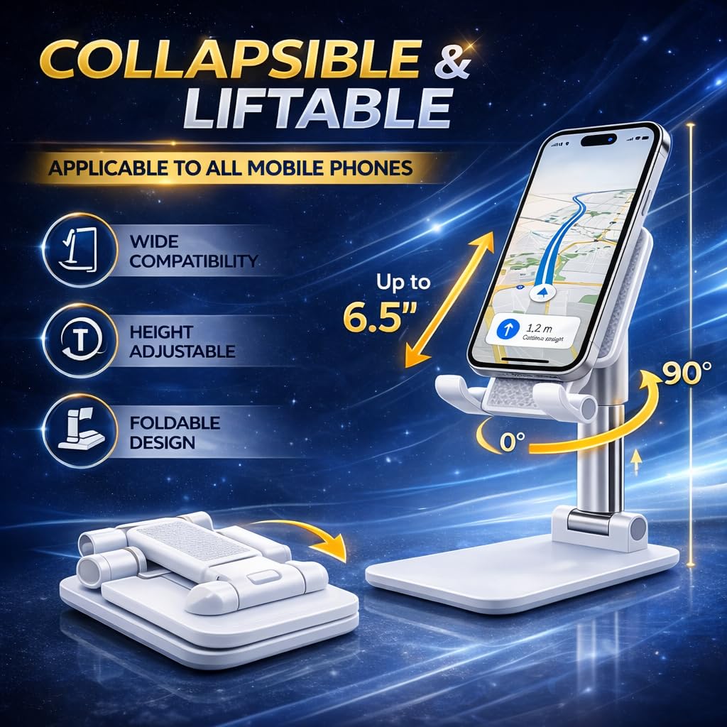 MVGLO Adjustable Phone Stand for Desk, Foldable Cell Phone Holder with Height & Angle Adjustment, Anti-Slip Base, Compatible with iPhone, Android