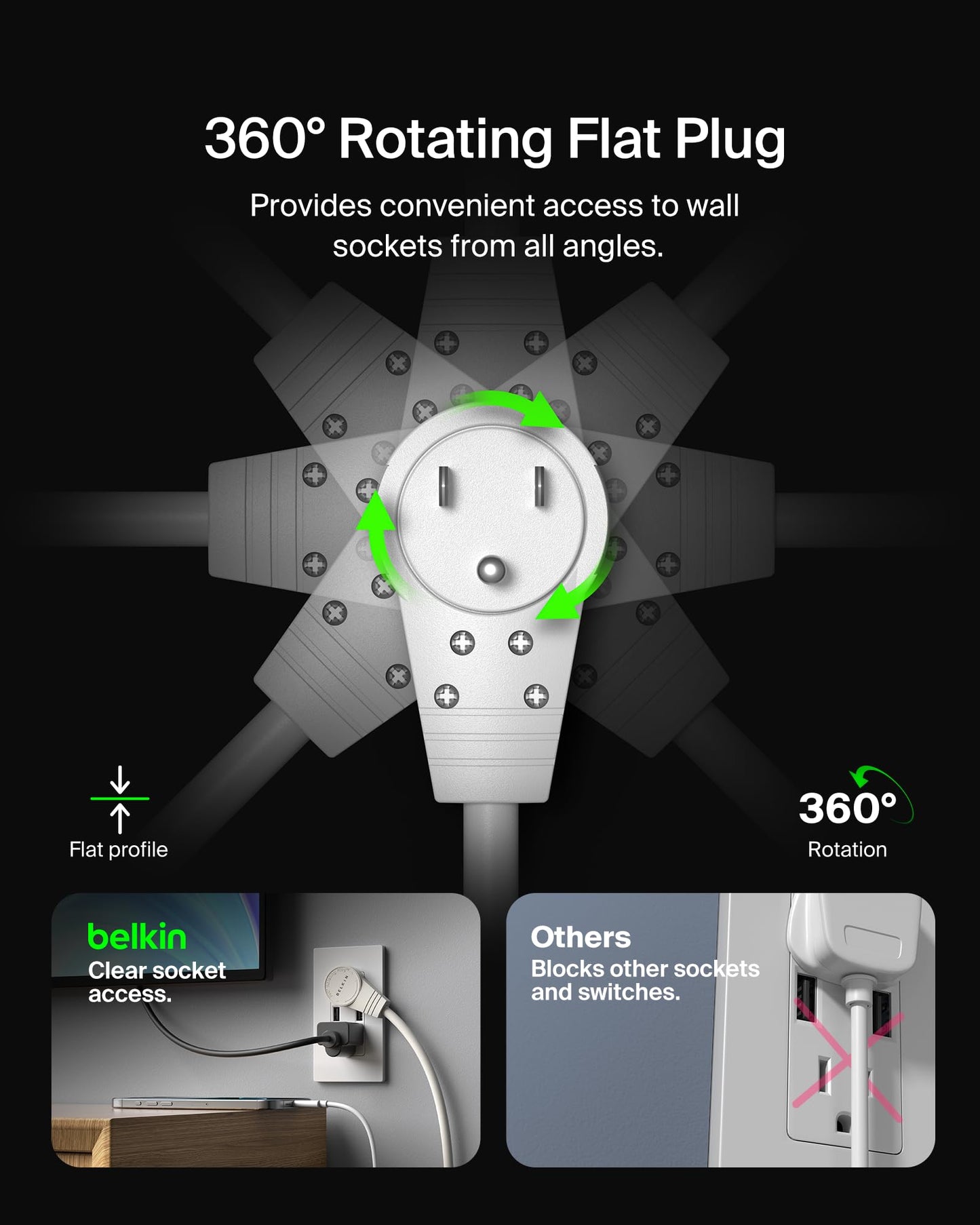 Belkin 6-Outlet Surge Protector Power Strip, 6ft Cord, 360° Rotating Plug - 1080 Joules Protection