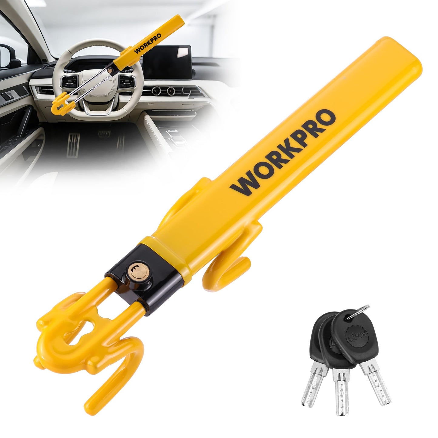WORKPRO Steering Wheel Lock, Heavy Duty Anti-Theft Car Device with Double Hooks, Adjustable Universal Fit for Cars, Trucks and SUVs, Visible Security