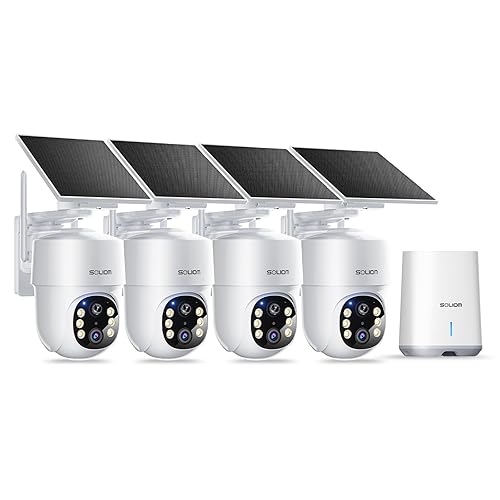 SOLIOM- 5MP Security Cameras Wireless Outdoor, No Subscription & Solar Powered,4-Cam Pack Cameras for Home Security with 360° Auto Motion Tracking, 3K