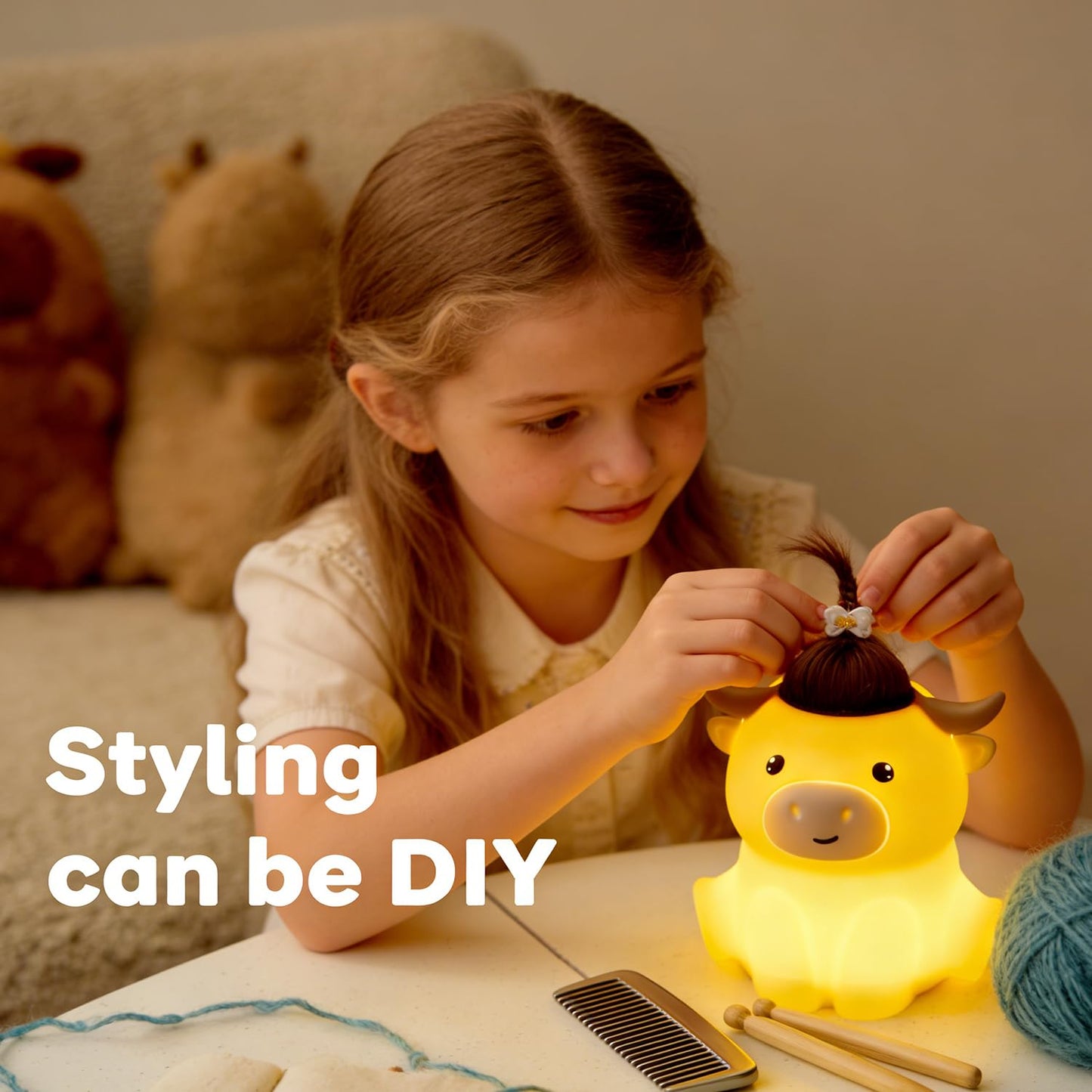 Bestfaith Cute Highland Cow Night Light, LED Squishy Night Lamp, 2 Levels Dimmable Timer Nursery Nightlight for Kids, Rechargeable Touch Lamp, Dorm