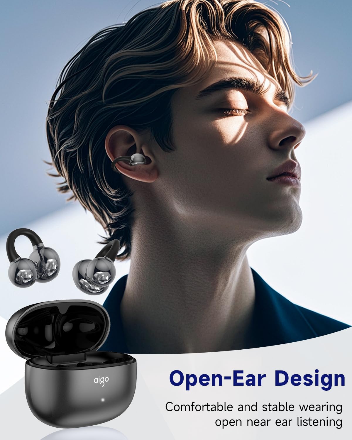 aigo CA05 Open Ear Earbuds Clip on Wireless Bluetooth 5.4 Headphones with Mic for iPhone,Android,Laptop,Enc Noise Reduction,50H Play,Waterproof…