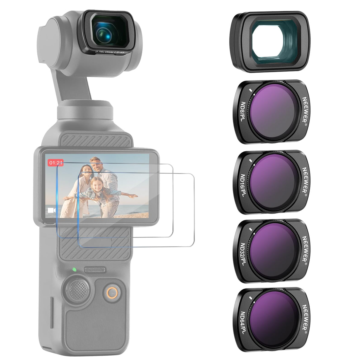 NEEWER ND/PL Filter Set (4 Pack) & 0.75X Wide Angle Lens Compatible with DJI Osmo Pocket 3 Creator Combo Accessories, ND8/PL ND16/PL ND32/PL ND64/PL
