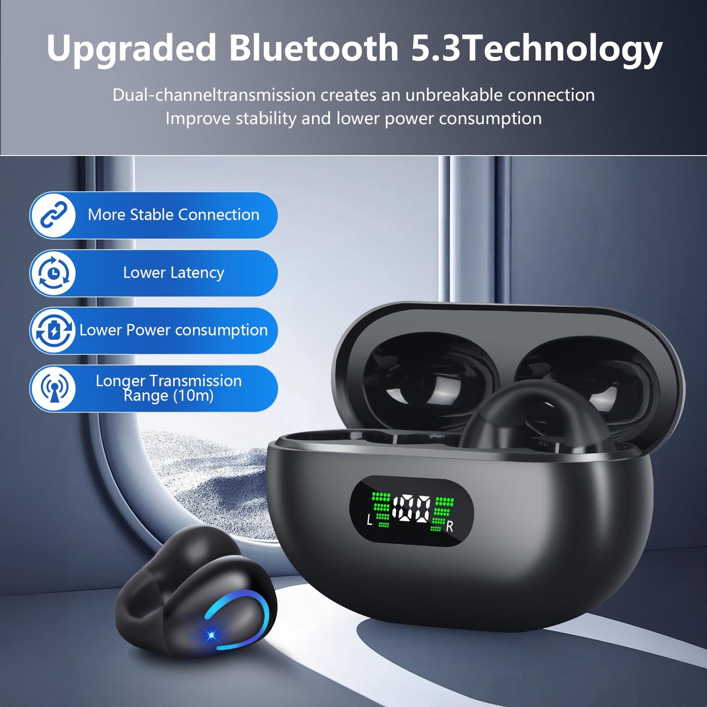 dufiga Ultra Open Ear Headphones Bluetooth 5.3 Wireless Clip On Earbuds with Digital Display Charging Case 60 Hours Playtime Sport Earphones Built-in…