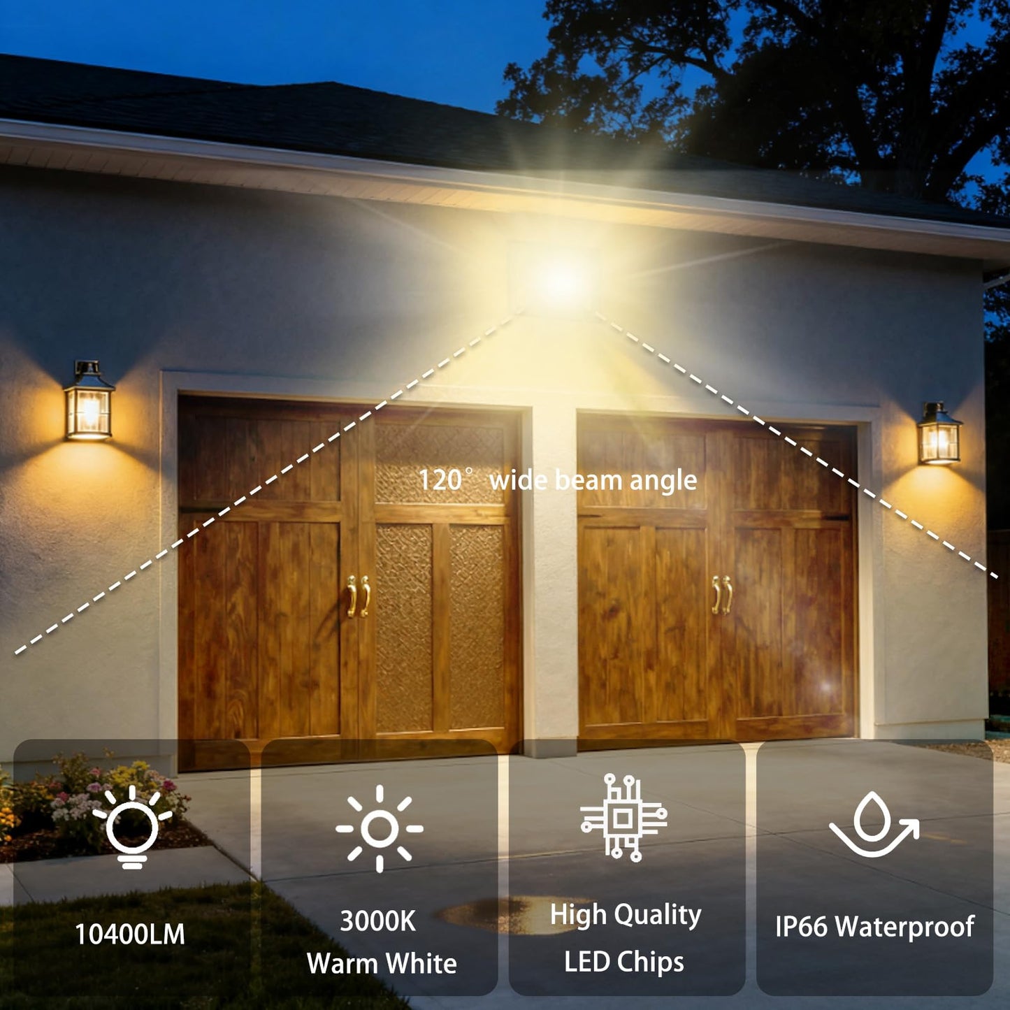 Sunkkes 3 Pack 80W LED Warm White Floodlight, 3000K Outside Flood Light with Plug, Ultra Bright 10400LM Outdoor Security Lights, IP66 Waterproof Flood