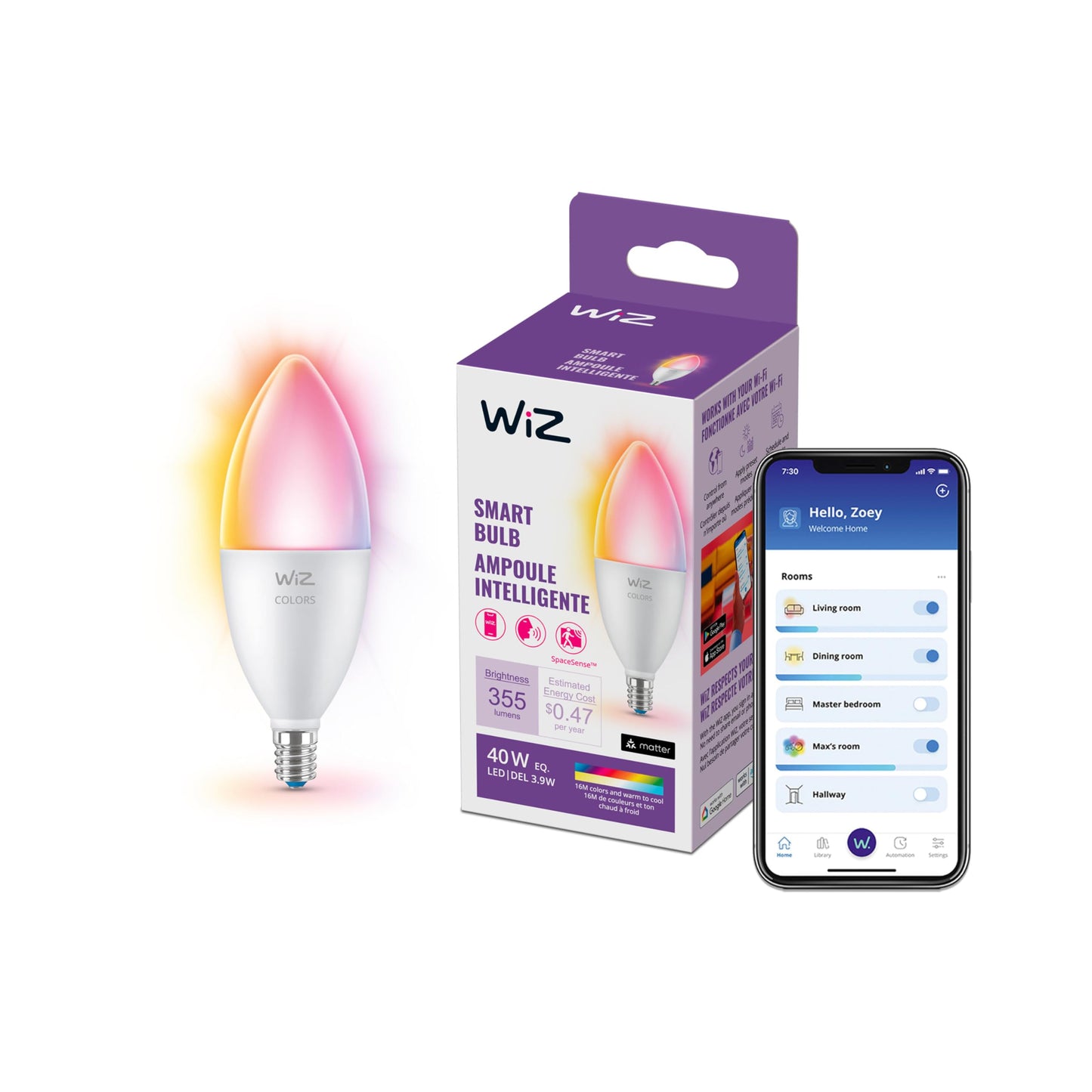 WiZ Connected 40W B12 Smart Candle-shape, E12 base, Full Color, Dimmable, 1-Pack, Indoor, Connect to Wi-Fi, Control Voice or App + Activate