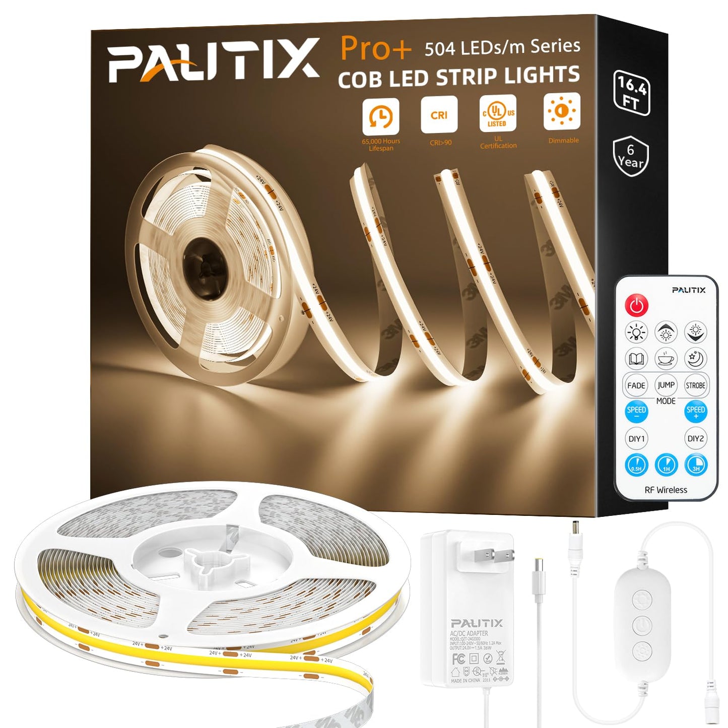 PAUTIX COB LED Strip Light 2520LEDs,Super Bright High Lumen 4000K Natural White 16.4ft,Dimmable 24V LED Tape Light with 3M Tape,RF Remote with Timer