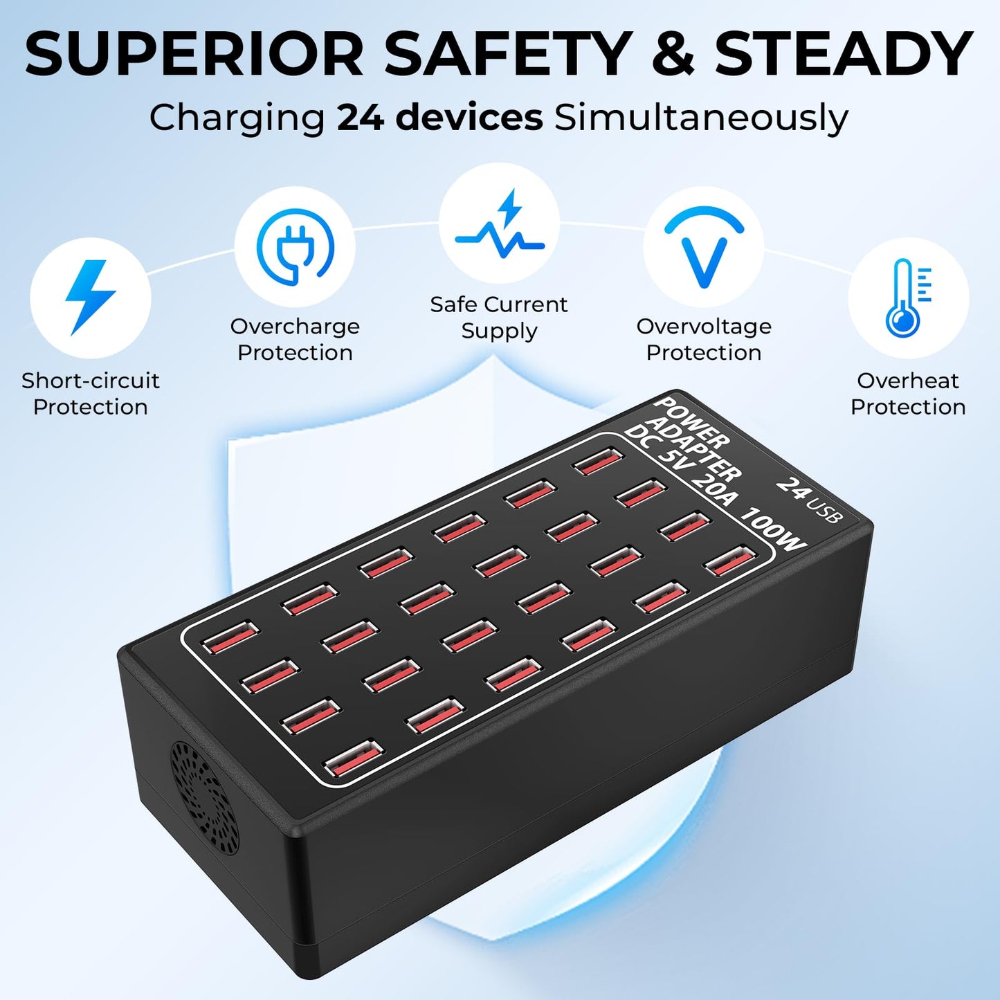USB Charging Station, 100W/20A 24 Port Desktop Multiple Device Charger Station, Multi Ports Fast Phone Charging Station Organizer, Suitable for School
