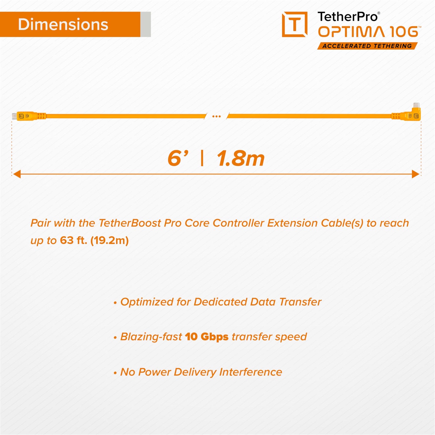 TetherPro Optima 10Gbps Gen 2 USB-C, 6' (1.8m), Straight to Right, High-Visibility Orange| Not Compatible with Fuji GFX Models