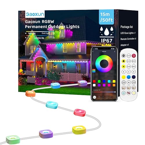 Gaoxun 50ft Permanent Outdoor Lights, RGBW Smart Outside Lights with 30 LED, APP/Remote Control, Dimmable, 47 Scene Modes, Timer, IP67 Waterproof