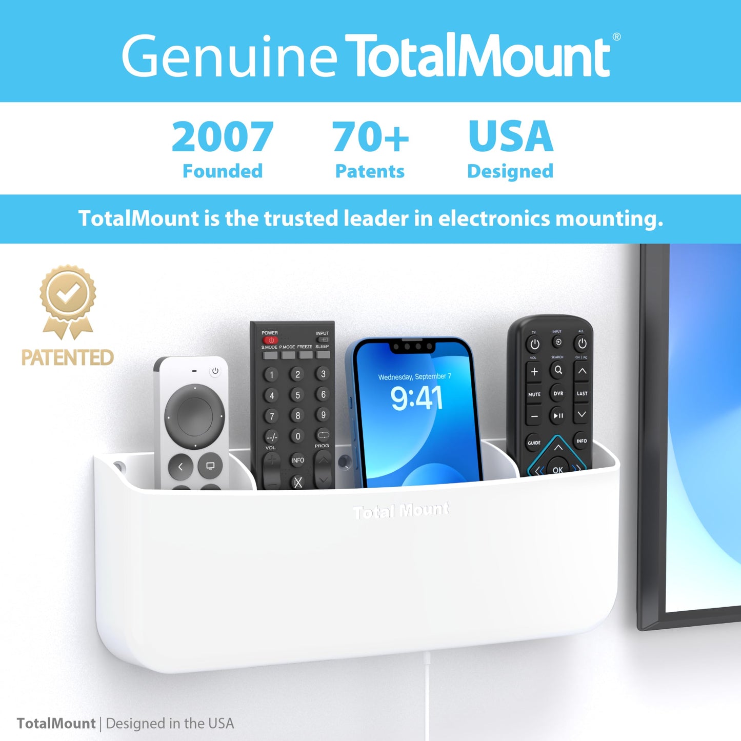 TotalMount Hole-Free Remote Holder - Eliminates The Need to Drill Holes in Your Wall (Premium White Remote Control Holder for 5 or 6 Remotes)