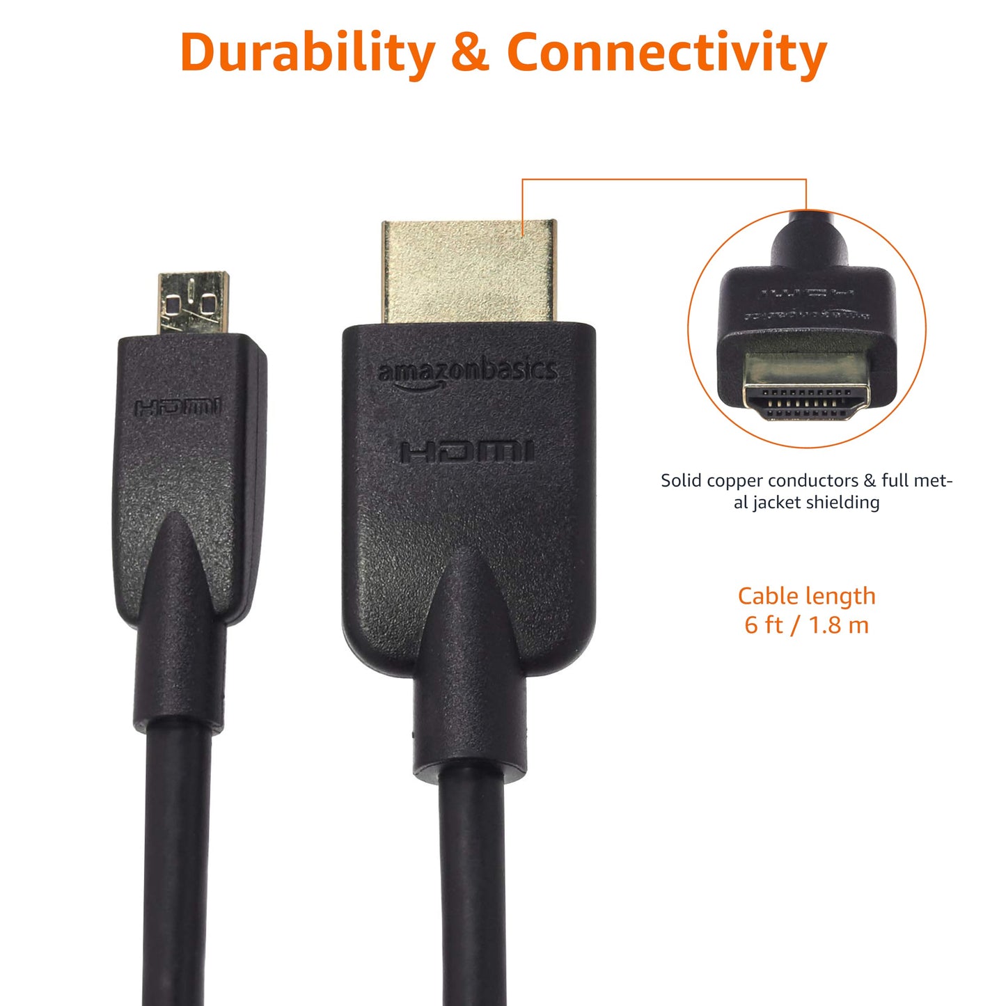 Amazon Basics Micro HDMI to HDMI Display Cable, 18Gbps High-Speed, 4K@60Hz, 2160p, 48-Bit Color, Ethernet Ready, 6 Foot, Black