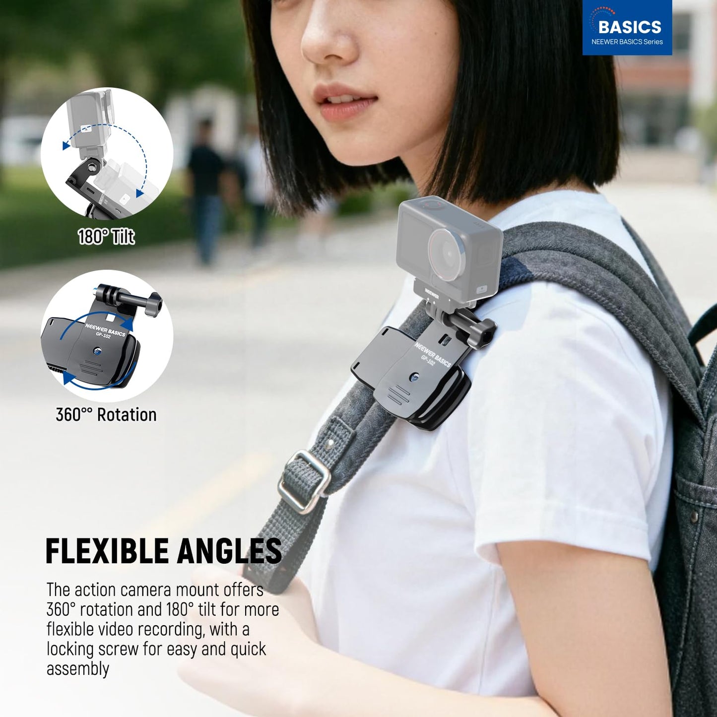 NEEWER Basics Backpack Strap Clip Clamp Mount Holder, Three Prong Adapter Compatible with GoPro Hero Insta360 DJI AKASO Action Camera Accessories