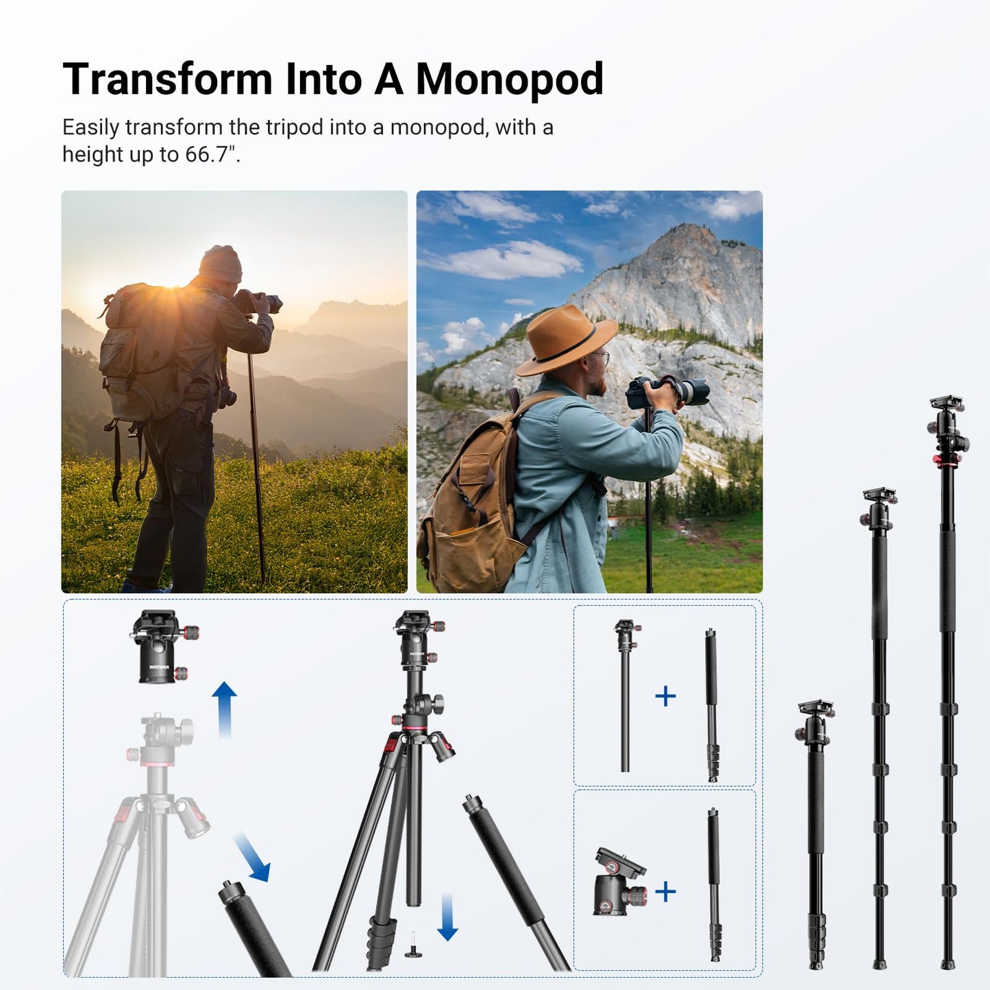 NEEWER Basics Overhead Camera Tripod Monopod with Ball Head & Horizontal Center Column, 76 Inch Tall Metal DSLR Video Travel Stand, Arca Type QR Plate