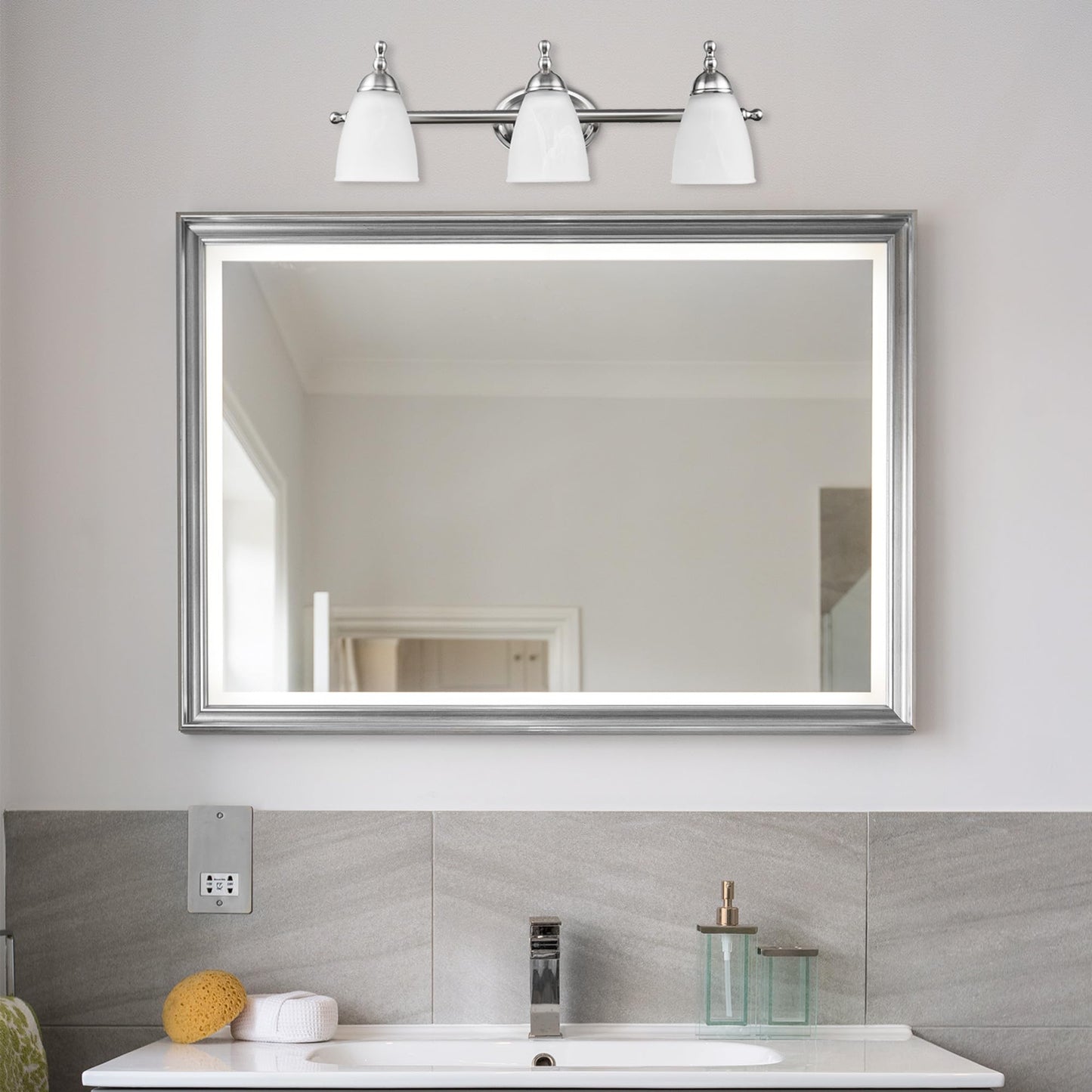 Globe Electric 50783 23" 3-Light Vanity Light, Satin Nickel, Alabaster Glass Shades, Beauty Room Accessories, Bathroom Lights Over Mirror, Makeup