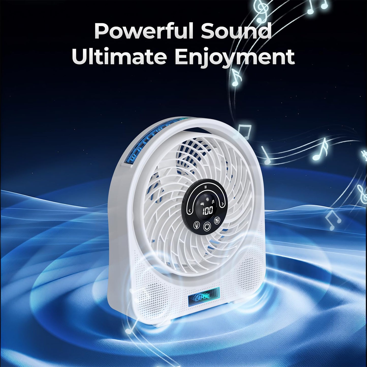 LAMJIE 2-in-1 Desktop Fan with Bluetooth Speaker, White, Powerful Bass, 14 Light Modes, 8-Hour Runtime
