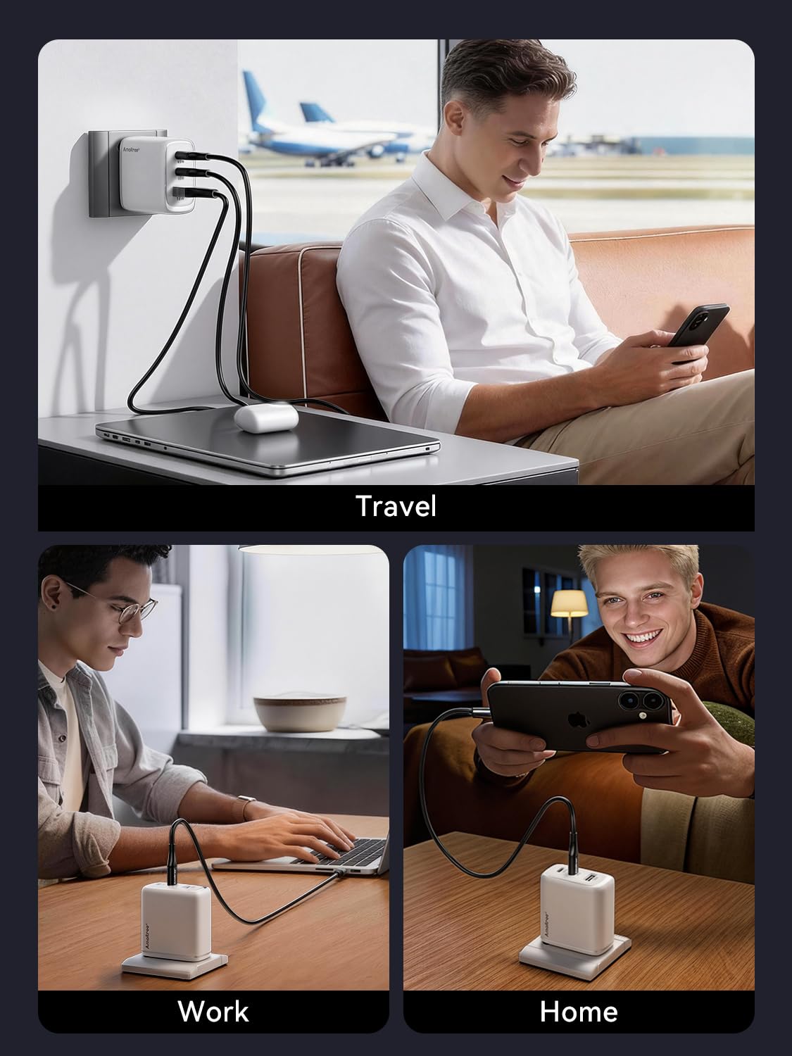 USB C Charger, Amaitree 3-Port GaN Compact Flat-style Wall Charger, PD3.0 65W Fast Charger USB C Block for iPhone 17/16/15/MacBook/Galaxy